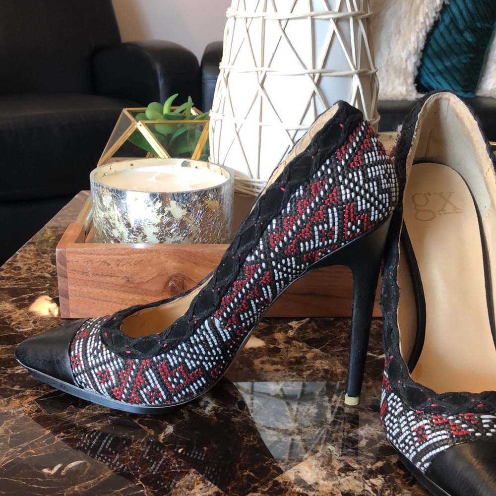 Black, Red, and White Heel Pumps